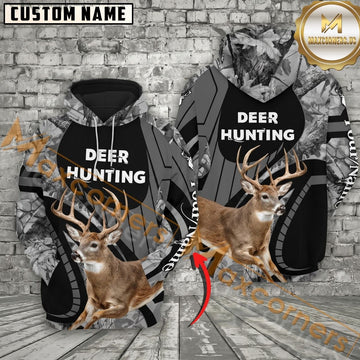 Maxcorners Hunting Hoodie Black Gray Camouflage Design Personalized Name Unisex 3D Hoodie