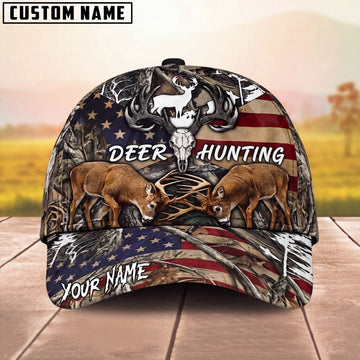 Maxcorners Hunting Cap Antler Skull American Flag Woodland Camo Design Personalized Name 3D Cap