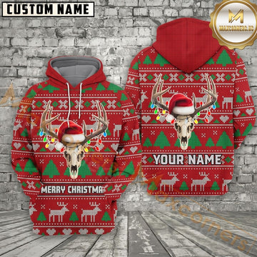 Maxcorners Christmas Hunting Hoodie Antler Skull Lights Red Green Knit Design Personalized Name Unisex 3D Hoodie