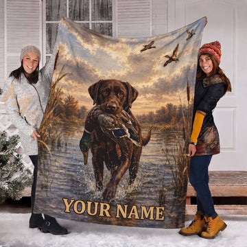 Maxcorners Duck Hunting Dog Chocolate Lab Mallard In Mouth Lake Reeds Sunset Personalized Name 3D Blanket
