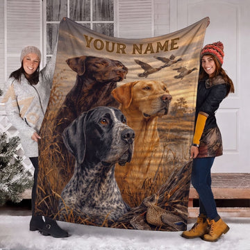 Maxcorners Hunting Dogs Trio Waterfowl Mallard Duck Flying Marsh Field Personalized Name 3D Blanket
