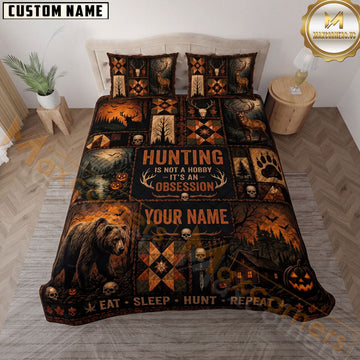 Maxcorners Hunting Is An Obsession Deer Bear Rustic Plaid Patchwork Halloween Forest Personalized Name 3D Bedding Set
