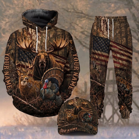 Maxcorners Hunting Wildlife Moose Deer Wild Turkey Camo American Flag Personalized Name 3D Shirt