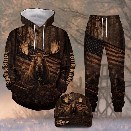 Maxcorners Moose Hunting Bull Moose American Flag Camo Deep Forest Personalized Name 3D Shirt