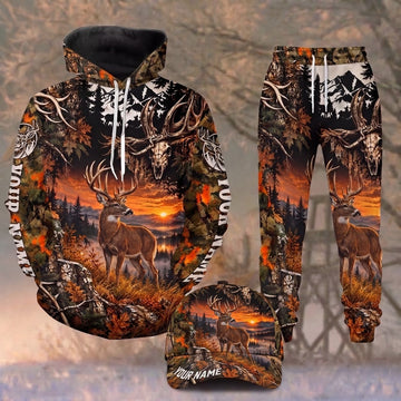Maxcorners Deer Hunting Buck Antler Skull Autumn Sunset Camo Woods Personalized Name 3D Shirt