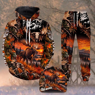 Maxcorners Moose Hunting Skull Horns Autumn Camo Sunset Landscape Personalized Name 3D Shirt