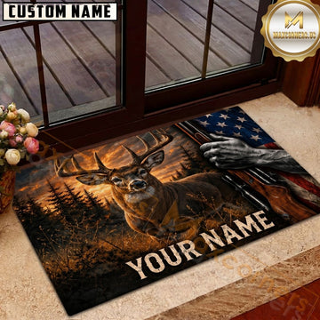 Maxcorners Deer Hunting Whitetail Buck Rifle American Flag Sunset Forest Personalized Name Unisex 3D Doormat