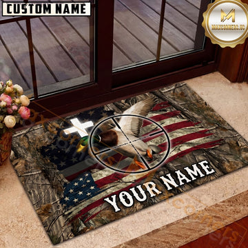 Maxcorners Duck Hunting Mallard Crosshair American Flag Camo Personalized Name Unisex 3D Doormat