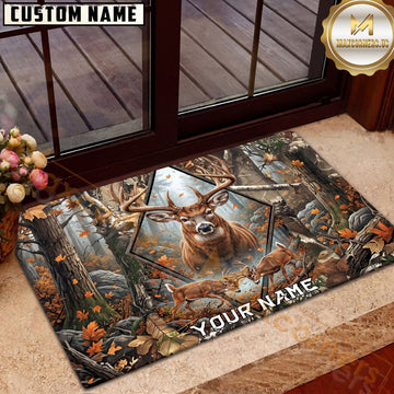Maxcorners Deer Hunting Whitetail Bucks Stained Glass Autumn Forest Personalized Name Unisex 3D Doormat