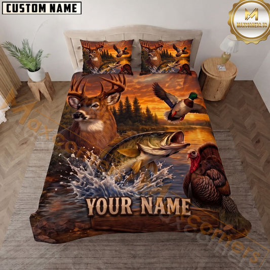 Maxcorners Wildlife Outdoors Deer Bass Mallard Duck Turkey Rustic Wood Personalized Name 3D Bedding Set