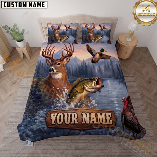 Maxcorners Wildlife Outdoors Mountain Lake Deer Bass Duck Turkey Personalized Name 3D Bedding Set