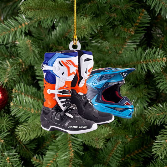 Maxcorners Dirt Bike Helmet Boots Gear Blue Orange Custom Name Gift 2D Flat Acrylic Ornament, Keychain