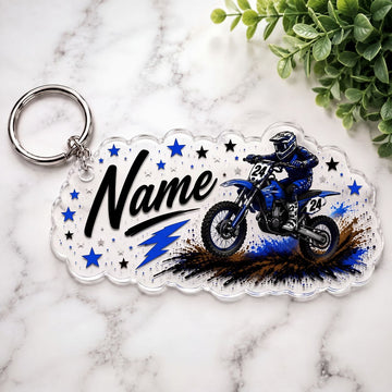 Maxcorners Dirt Bike Motocross Rider Splatter Mud Blue Stars Custom Name Gift 2D Flat Acrylic Ornament, Keychain