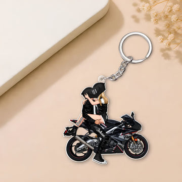 Maxcorners Biker Couple Hugging Kissing Sportbike Motorcycle Custom Name Gift 2D Flat Acrylic Ornament, Keychain