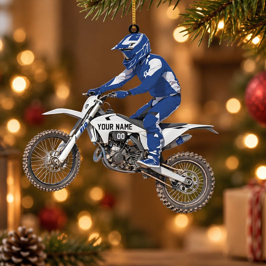 Maxcorners Motocross Dirt Bike Rider Jumping Blue White Custom Name Gift 2D Flat Acrylic Ornament, Keychain