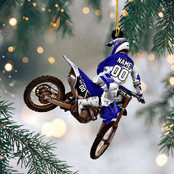 Maxcorners Motocross Dirt Bike Rider Jumping Blue White Custom Name Gift 2D Flat Acrylic Ornament, Keychain