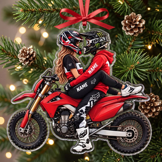 Maxcorners Motocross Couple Romantic Hug Red Dirt Bike Custom Name Gift 2D Flat Acrylic Ornament, Keychain