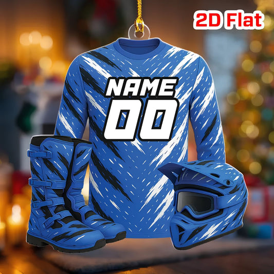 Maxcorners Motocross Racing Gear Jersey Helmet Boots Blue Custom Name Gift 2D Flat Acrylic Ornament, Keychain