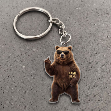 Maxcorners Grizzly Bear Middle Finger Sunglasses Smoking Cigar Custom Name Gift 2D Flat Arcrylic Ornament, Keychain