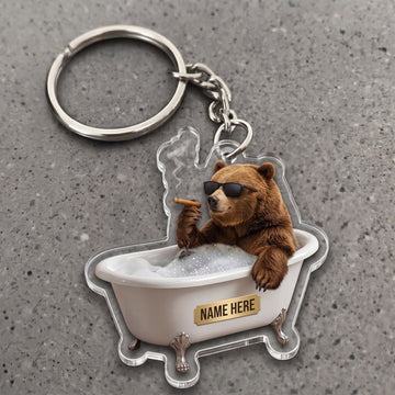 Maxcorners Grizzly Bear In Bathtub Sunglasses Smoking Cigar Custom Name Gift 2D Flat Arcrylic Ornament, Keychain