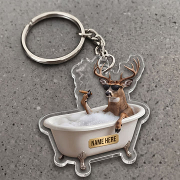 Maxcorners Deer Buck In Bathtub Sunglasses Smoking Cigar Custom Name Gift 2D Flat Arcrylic Ornament, Keychain