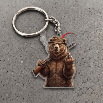 Maxcorners Grizzly Bear Hunter Middle Finger Shotgun Cigar Custom Name Gift 2D Flat Arcrylic Ornament, Keychain