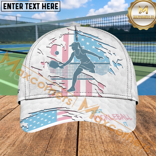 Maxcorners Pickleball Female Player American Flag Ripped Effect Personalized Name 3D Cap