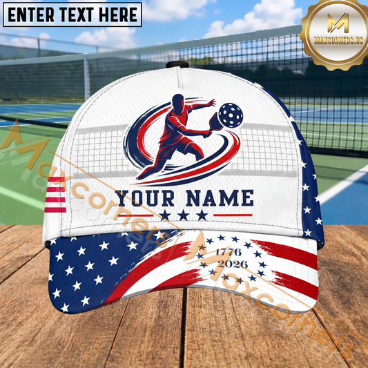 Maxcorners Pickleball Action Player Patriotic Stars Stripes Personalized Name 3D Cap