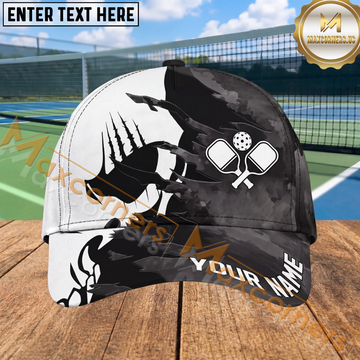 Maxcorners Pickleball Dark Dragon Black White Grunge Personalized Name 3D Cap