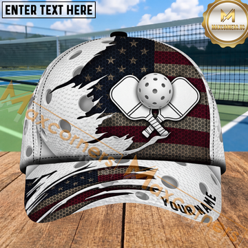 Maxcorners Pickleball Crossed Paddles American Flag Ripped Effect Personalized Name 3D Cap