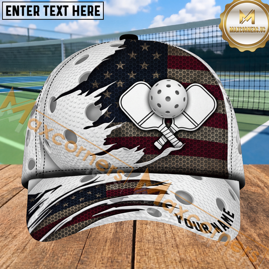 Maxcorners Pickleball Crossed Paddles American Flag Ripped Effect Personalized Name 3D Cap