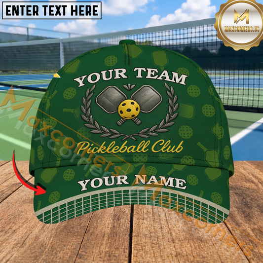 Maxcorners Pickleball Club Laurel Crest Green Pattern Personalized Name 3D Cap