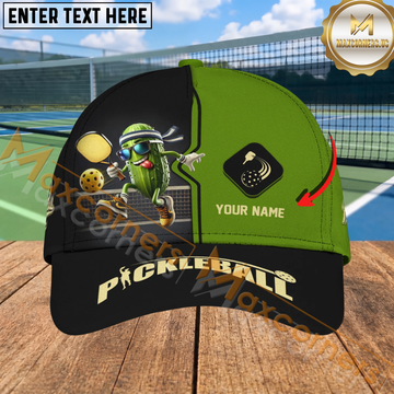 Maxcorners Funny Pickleball Cool Pickle Character Black Green Personalized Name 3D Cap