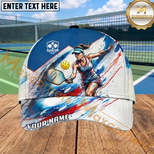 Maxcorners Pickleball Female Player Watercolor Art Personalized Name 3D Cap