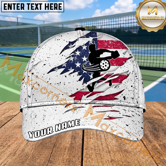 Maxcorners Pickleball American Flag Distressed Silhouette Personalized Name 3D Cap