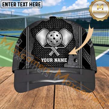 Maxcorners Pickleball Cap Metallic Paddles and Ball Black Armor Design Personalized Name 3D Cap