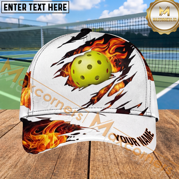 Maxcorners Flaming Pickleball Cap Fireball Ripped Fabric Design Personalized Name 3D Cap