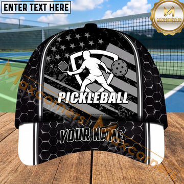 Maxcorners Pickleball Player Cap Black White Shield Graphic Design Personalized Name 3D Cap
