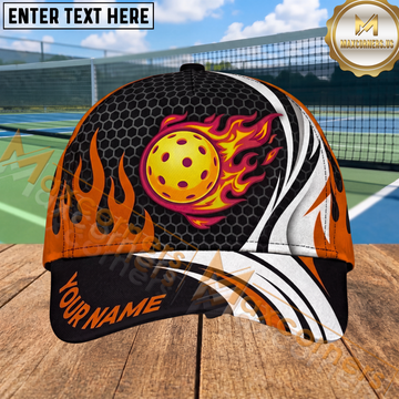 Maxcorners Flaming Pickleball Cap Orange Fireball Honeycomb Design Personalized Name 3D Cap