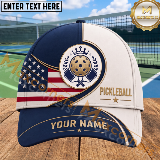 Maxcorners Pickleball American Flag Royal Crown Emblem Personalized Name 3D Cap