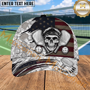 Maxcorners Pickleball Skull Pirate American Flag Graphic Personalized Name 3D Cap