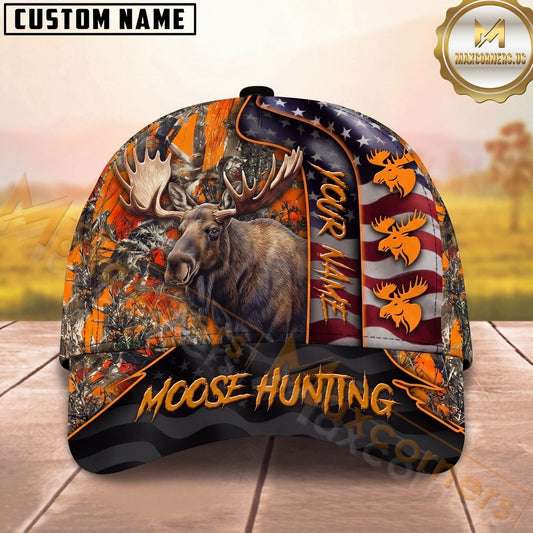 Maxcorners Hunting American Flag Orange Camo Personalized Name Unisex 3D Cap