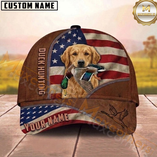 Maxcorners Hunting Dog Duck Hunting American Flag Leather Zipper Detail Personalized Name 3D Cap