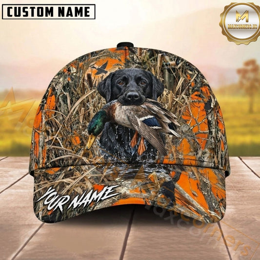 Maxcorners Hunting Dog Duck Hunting Blaze Orange Reeds Camo Mallard In Mouth Personalized Name 3D Cap