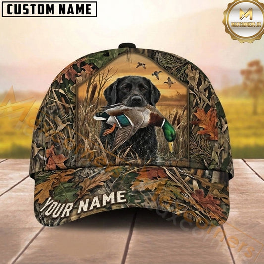 Maxcorners Hunting Dog Waterfowl Hunter Mallard In Mouth Fallen Leaves Camo Personalized Name 3D Cap