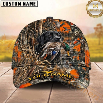 Maxcorners Hunting Dog Duck Hunter Mallard In Mouth Flying Ducks Blaze Orange Camo Personalized Name 3D Cap