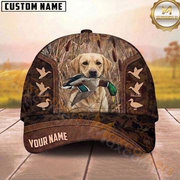 Maxcorners Hunting Dog Duck Hunting Mallard In Mouth Flying Ducks Stitched Leather Personalized Name 3D Cap