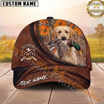 Maxcorners Hunting Dog Duck Hunting Shotgun Crest Zipper Orange Camo Personalized Name 3D Cap