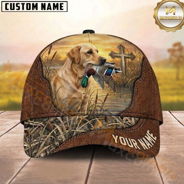 Maxcorners Hunting Dog Duck Hunting Christian Cross Sunset Lake Reeds Leather Personalized Name 3D Cap