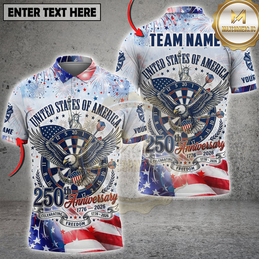 Maxcorners Patriotic USA 250th Anniversary Bald Eagle Dartboard Fireworks Design Multi Options Personalized Name, Team Name Unisex 3D Shirt